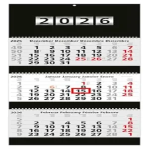 3-Month Calendar 2026 Premium Black Wall Calendar 33.5 x 81 cm Always Hangs Smooth and Straight Thanks to Wire-O Binding Black Back Panel, Year Number Silver Embossing, Metal Eyelet