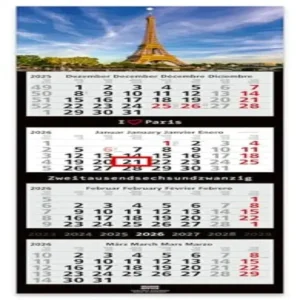 4-Month Wall Calendar 2025 Large Format 33 x 90 cm with Attractive Paris Image Motif