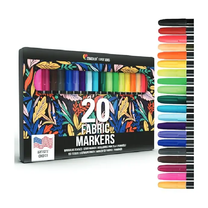 Zenacolor 20 Textile and Cloth Markers - Non-Toxic, Indelible and Permanent Fine Point Markers - Ideal for T-shirts, Baby Clothes, Shoes, Bags, Tote Bags, and Other Types of Fabric