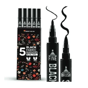 Zenacolor 5 Dual-Tip Black Fabric Markers Permanent for Clothes - Fabric Paint Pens for Personalizing Shirts Bags Hats Canvas and Textiles