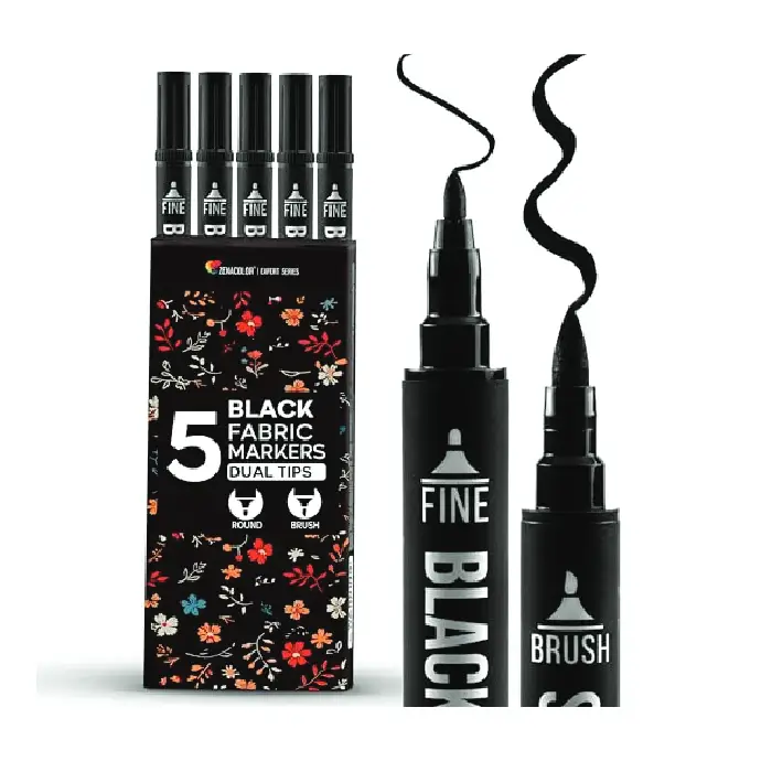 Zenacolor 5 Dual-Tip Black Fabric Markers Permanent for Clothes - Fabric Paint Pens for Personalizing Shirts Bags Hats Canvas and Textiles