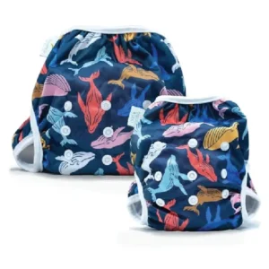 Bambi & Boo - Reusable Swim Diapers, Leak-Proof, Full Size Pack (S & L), 0-40 Months, Newborn-40lbs, 3-19Kgs, Adjustable, Quick Drying for Babies & Toddlers. Ideal for Swimming Lessons (Whales)